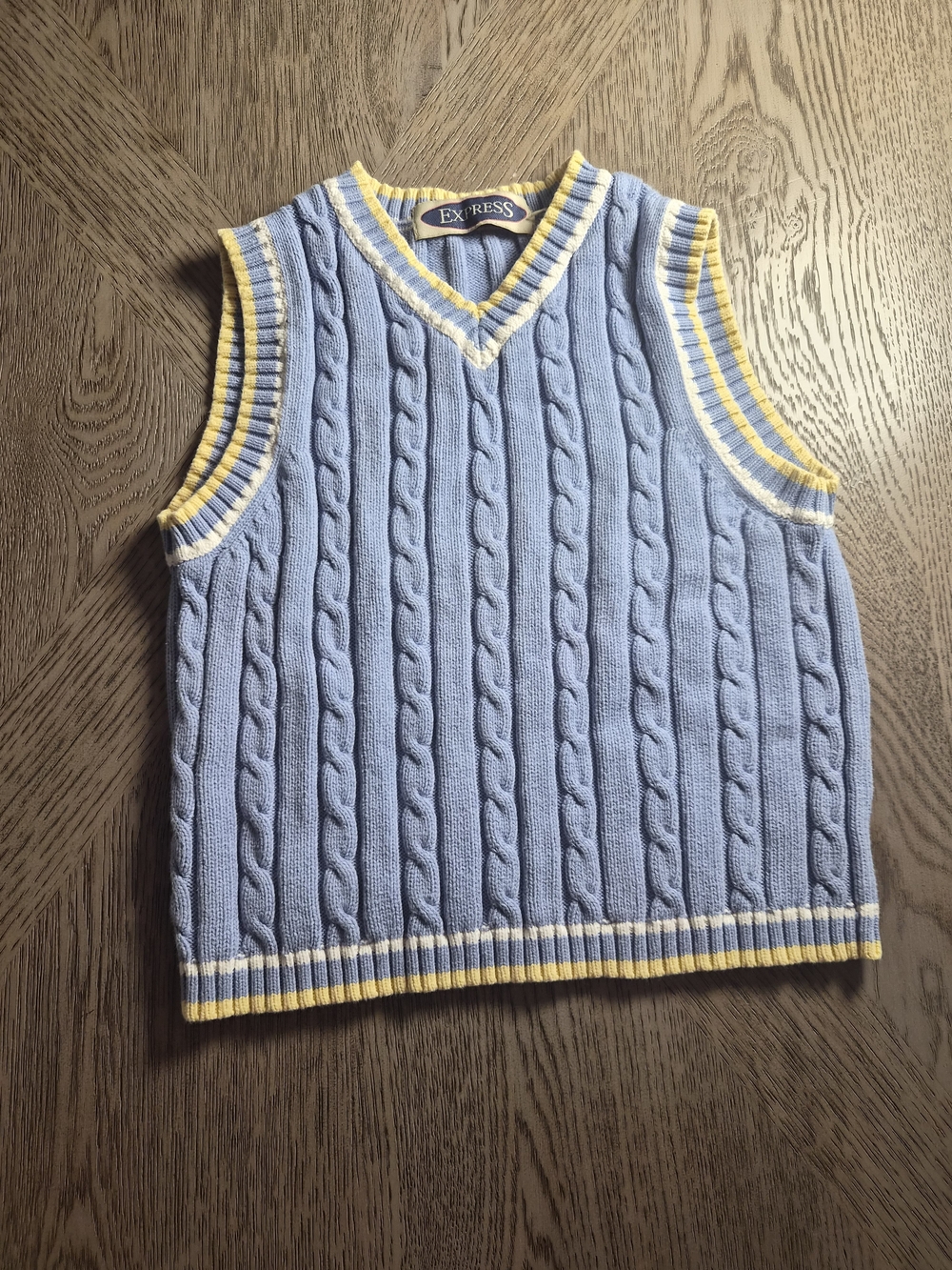 Express Light Blue Cable Knit Sleeveless V-Neck Vest with Yellow Trim